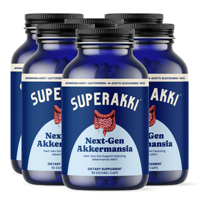 SuperAkki gut health supplement bottle front label Six Pack
