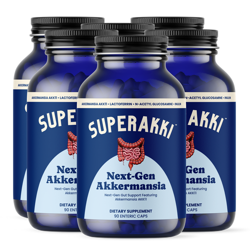 SuperAkki gut health supplement bottle front label Six Pack