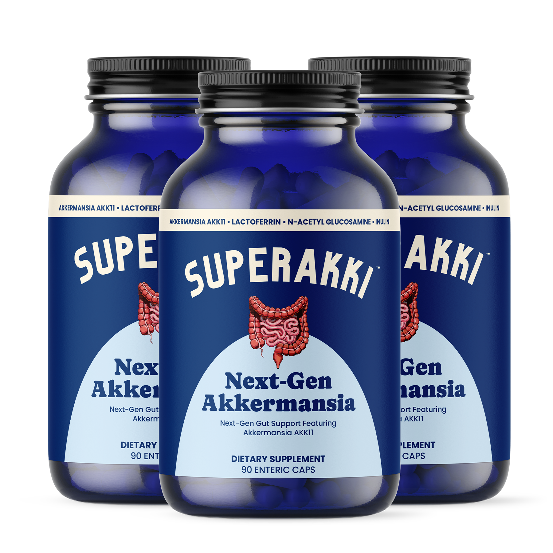 SuperAkki gut health supplement bottle front label Triple Pack