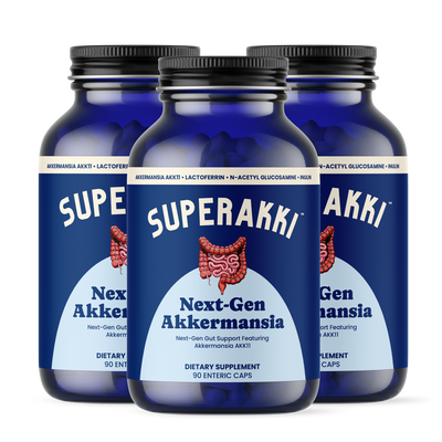 SuperAkki gut health supplement bottle front label Triple Pack