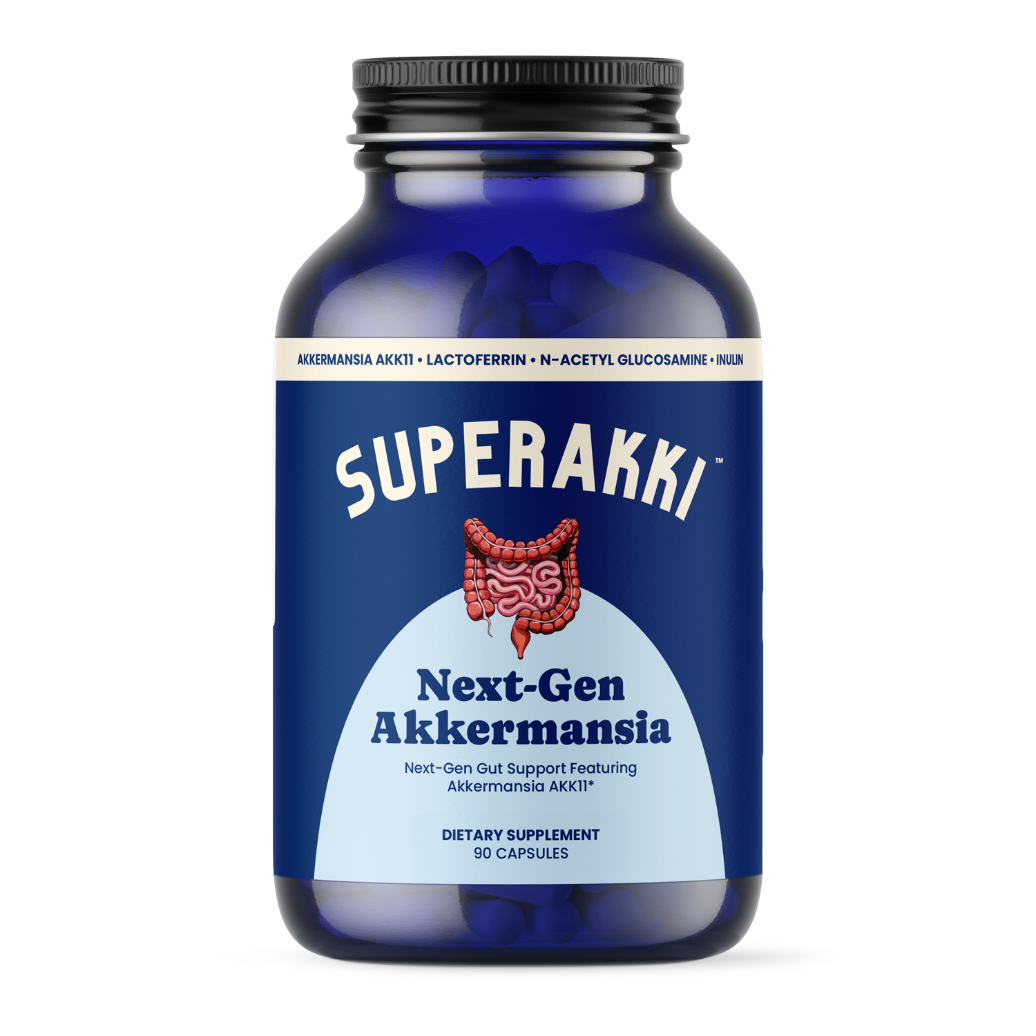 SuperAkki supplement bottle — pasteurized Akkermansia Akk11 formula